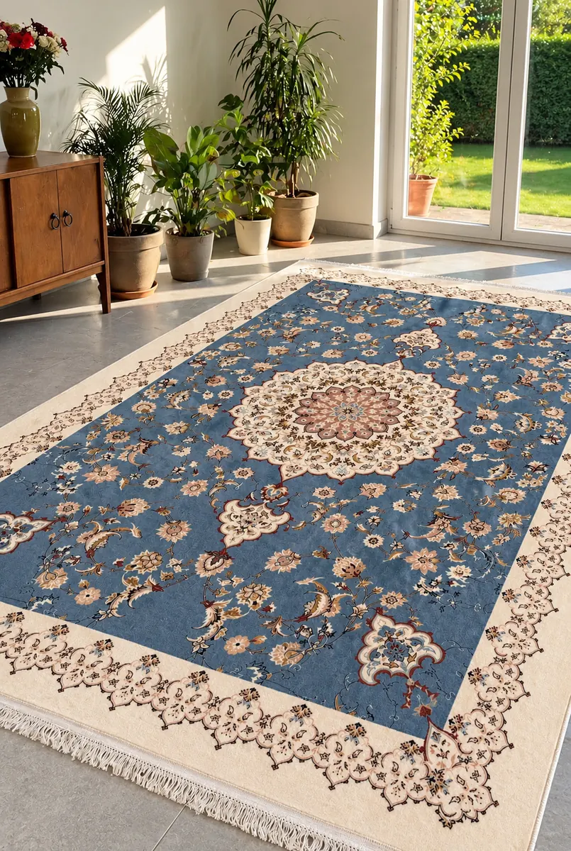 Blue floor rug from the Ritu Collection home textile range