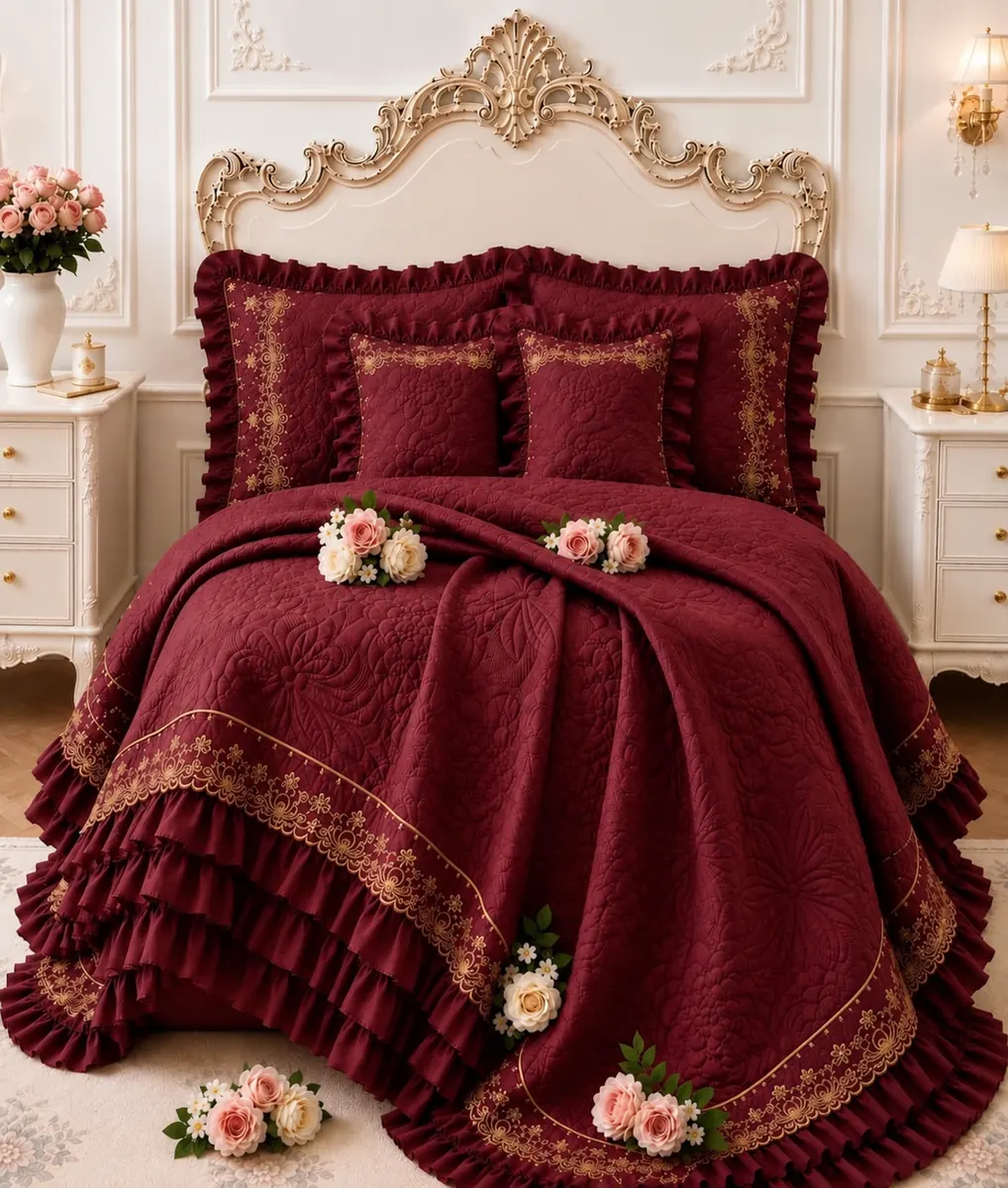 Burgundy bedcover from the Ritu Collection home textile range