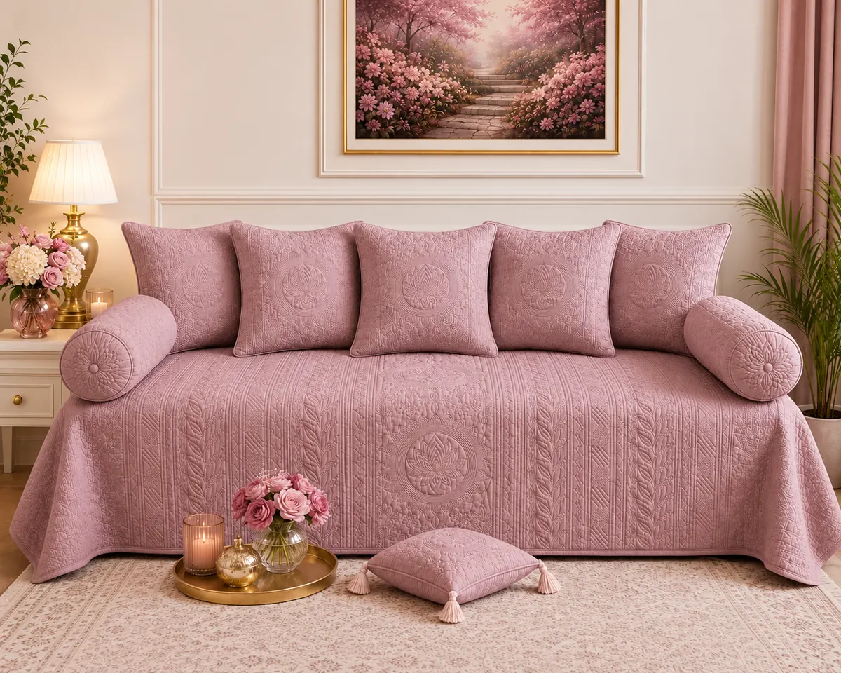 Pink sofa cover from the Ritu Collection home textile range