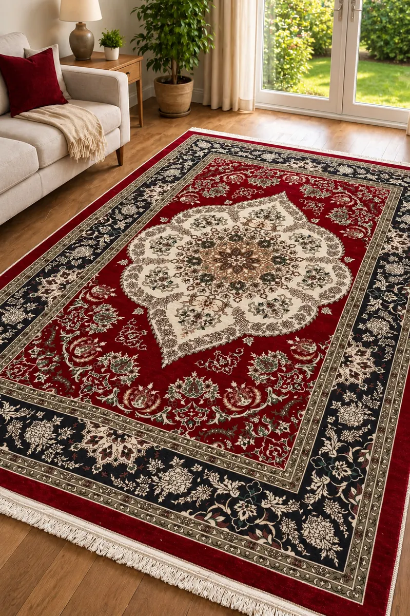 Red floor rug from the Ritu Collection home textile range