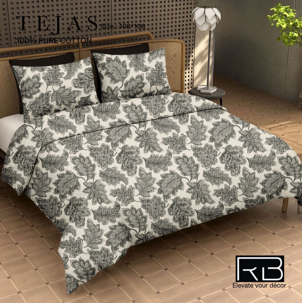 Black and white botanical printed cotton bedsheet
