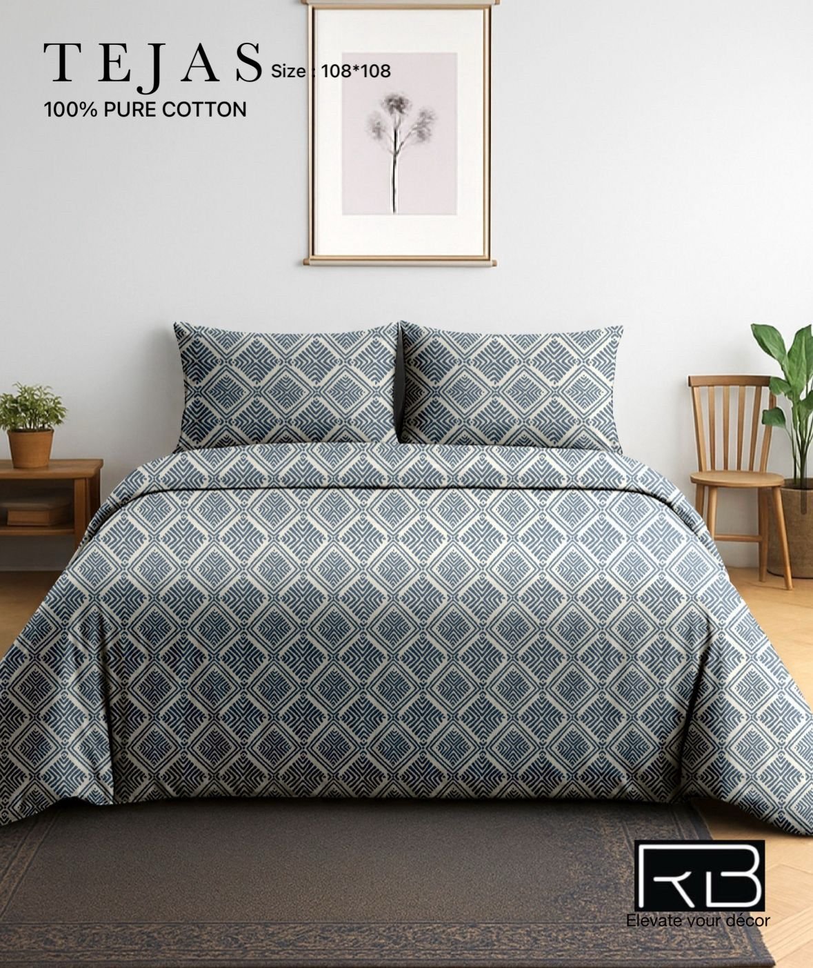 Blue diamond geometric cotton bedsheet