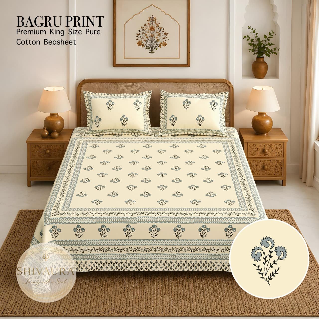 Blue traditional printed cotton bedsheet