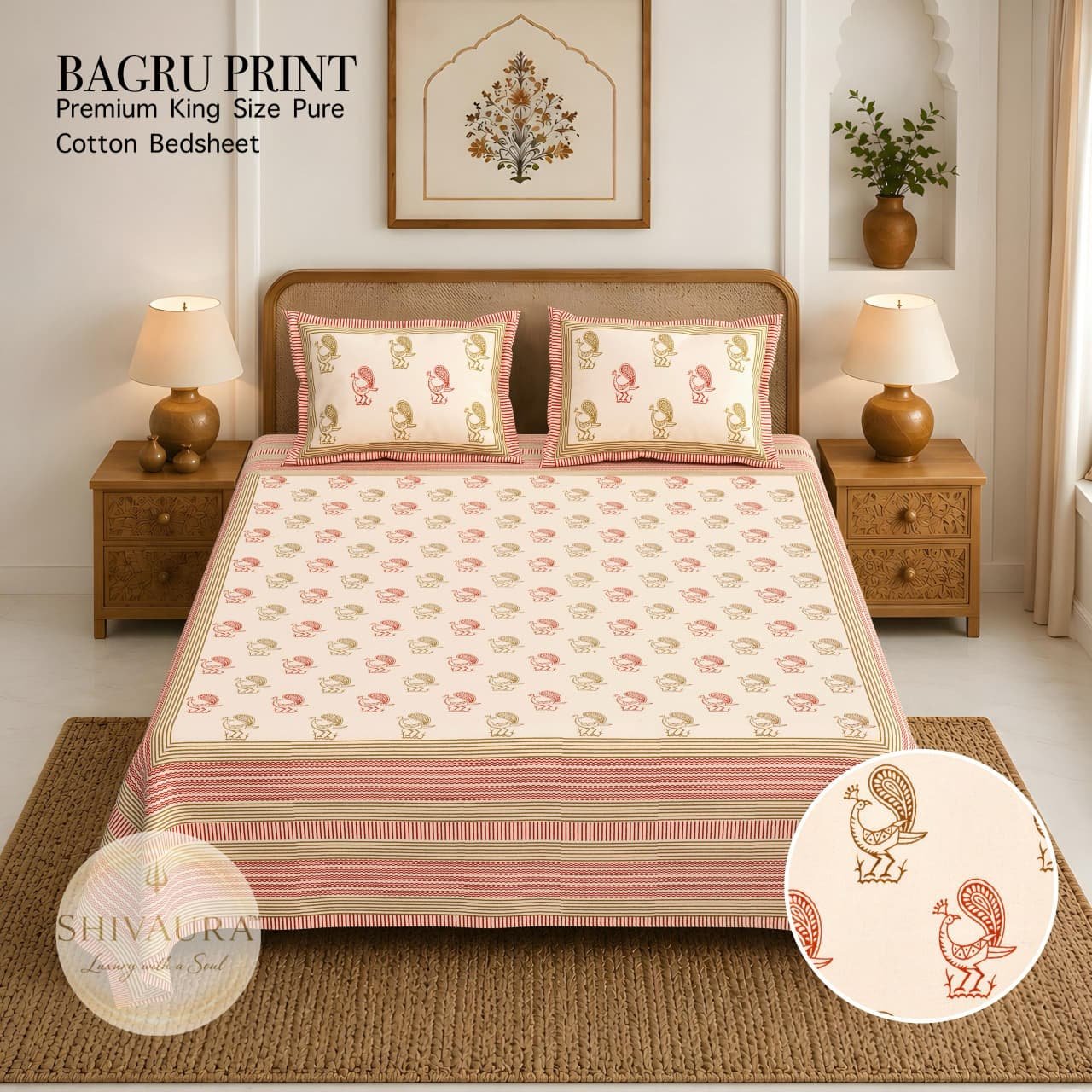 Pink traditional printed cotton bedsheet