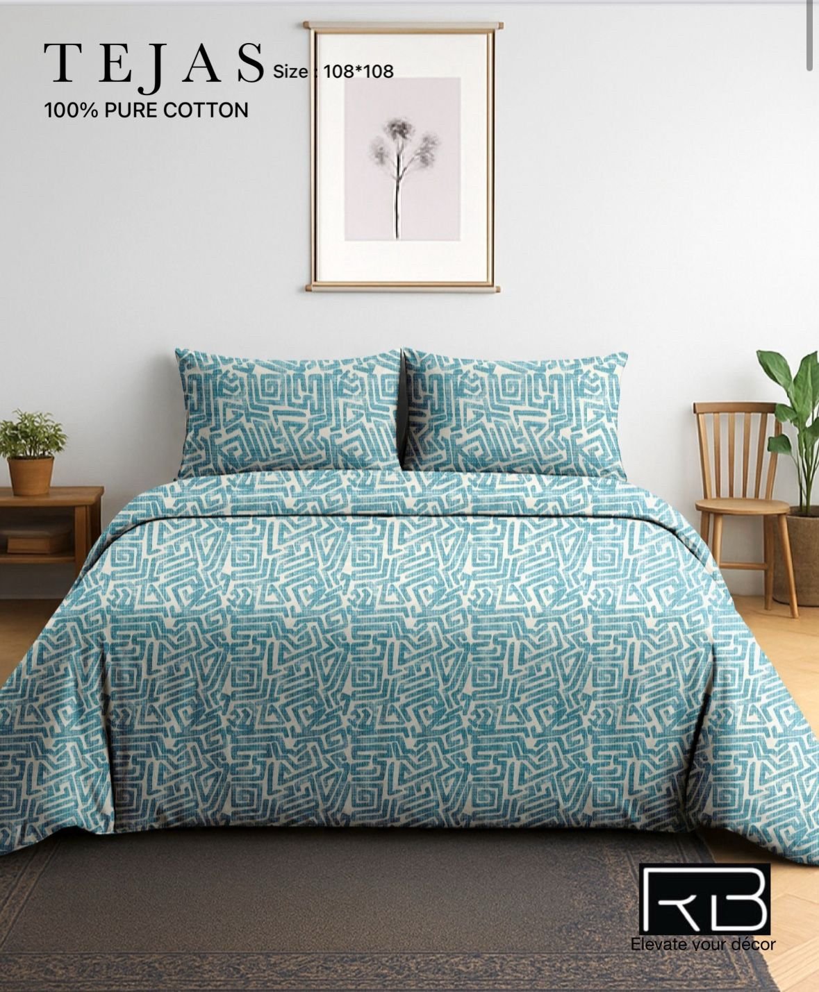 Teal geometric printed cotton bedsheet