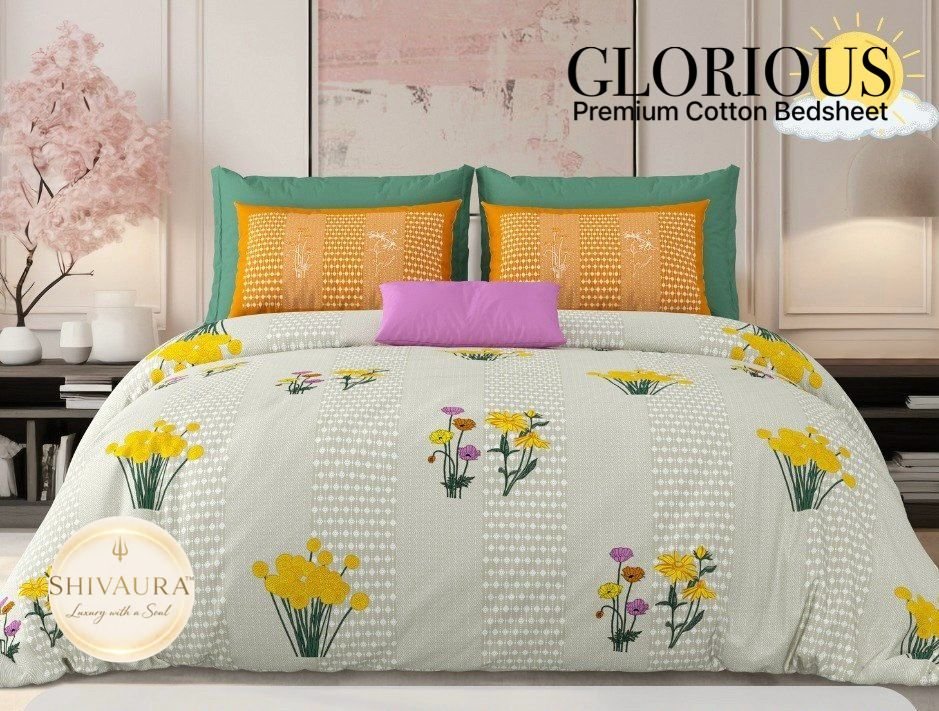 Yellow floral premium cotton bedsheet