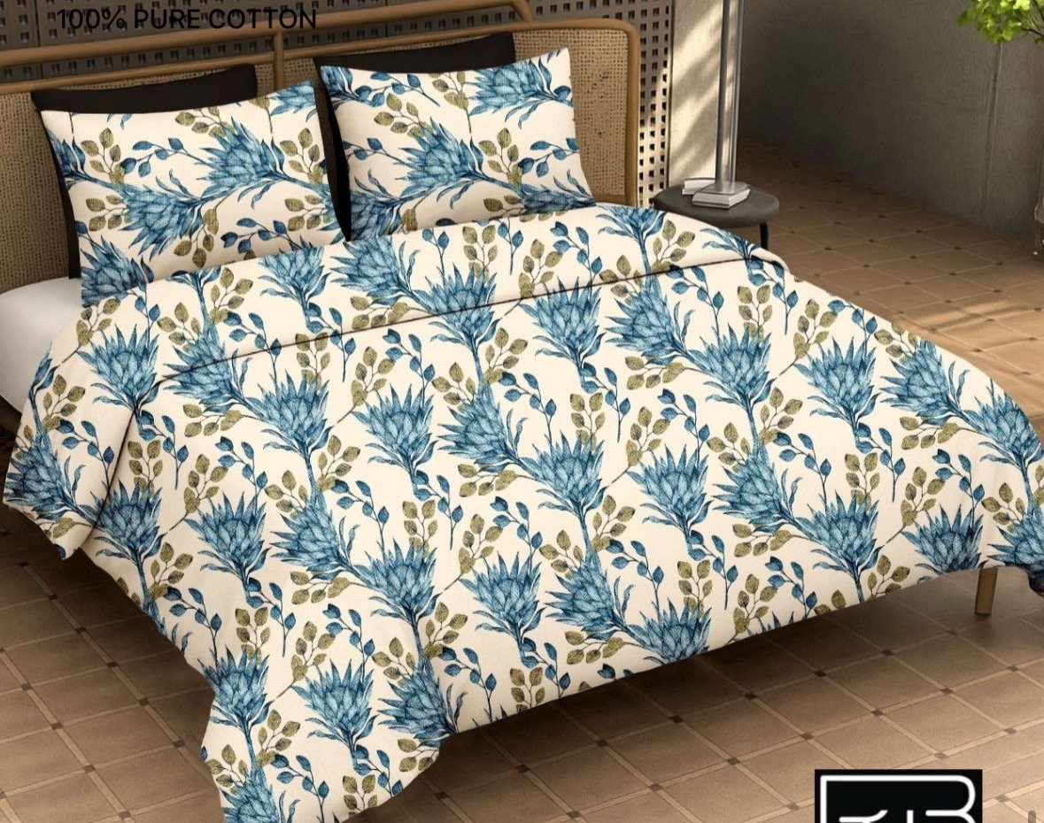 Blue botanical printed cotton bedsheet